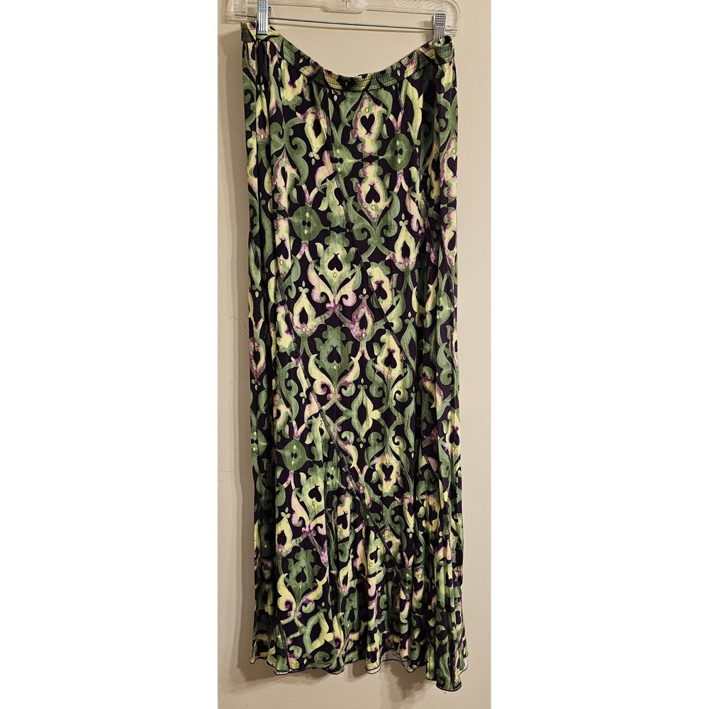 Soft Surroundings Maxi Skirt Women XL Green Purple Damask Scroll Stretch 25919